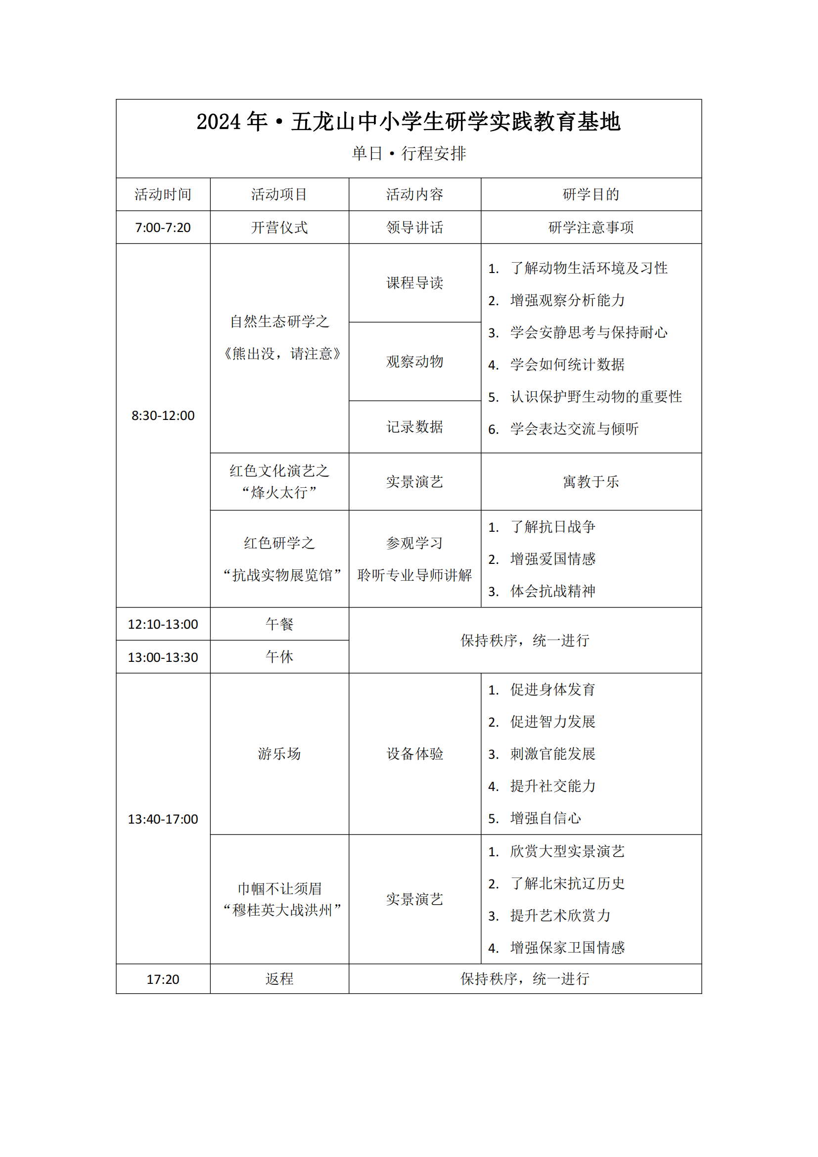 五龙山中小学生研学实践教育基地1日研学线路